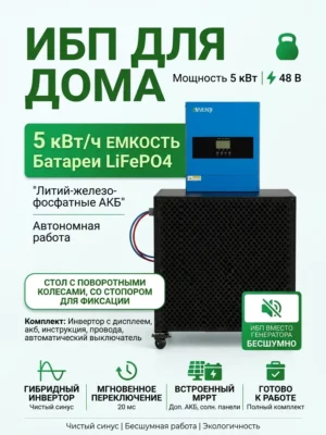 ИБП 5 кВт с LiFePO₄ 5 кВт·ч на стеллаже с колёсами — готовый комплект для дома.
