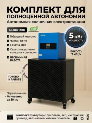 ИБП 5 кВт с аккумуляторами LiFePO₄ 7 кВт·ч на стеллаже с колёсами — готовый комплект для энергонезависимости частного дома.