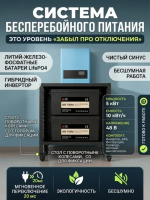 ИБП 5 кВт с аккумуляторами LiFePO₄ 10 кВт·ч на стеллаже с колёсами — готовый комплект для энергонезависимости дома.